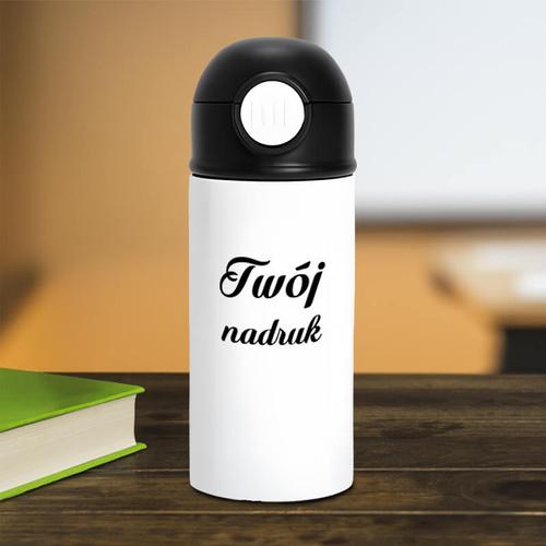 Bidon - butelka 360 ml dla dzieci z dowolnym nadrukiem - biała z czarną zakrętką