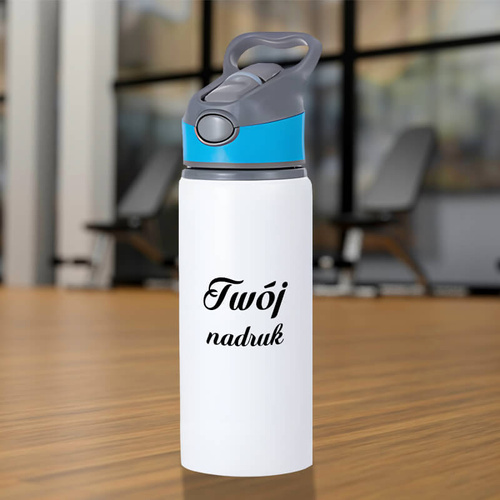 Biały bidon 650 ml z Twoim nadrukiem niebieska wstawka
