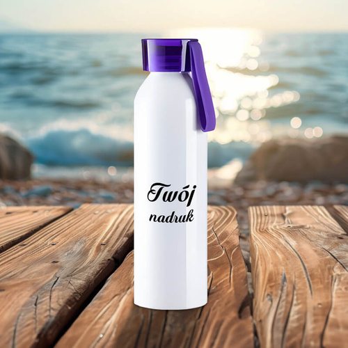 Biały bidon 650 ml z Twoim nadrukiem fioletowa nakrętka