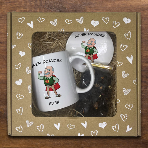 Zestaw prezentowy w kartoniku w serduszka dla dziadka - kubek z imieniem + herbata