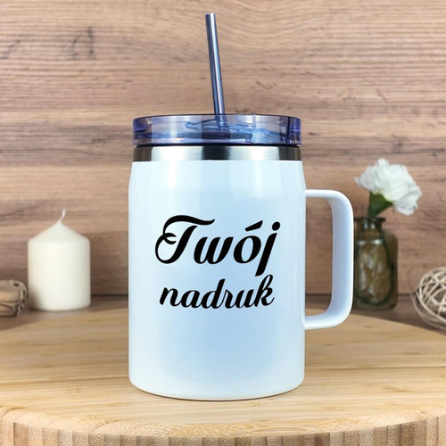 Biały kubek termiczny do wina 900 ml ze stali nierdzewnej z Twoim nadrukiem