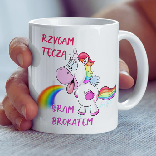 Śmieszny kubek z nadrukiem - Rzygam tęczą Sram brokatem