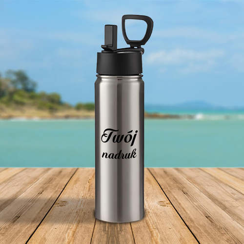 Srebrny metalowy bidon 650 ml składana rączka - z Twoim nadrukiem
