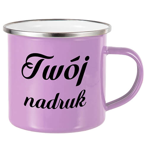 kubek emaliowany lawendowy z nadrukiem