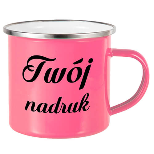 kubek emaliowany ciemnoróżowy z nadrukiem