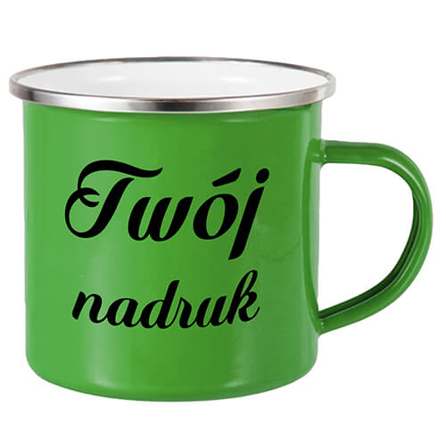 kubek emaliowany zielony z nadrukiem