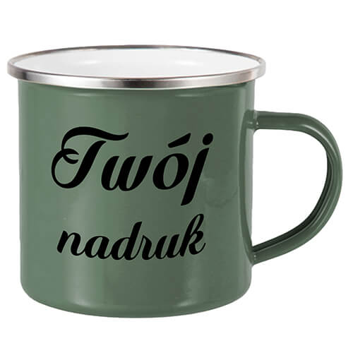 kubek emaliowany szarozielony z nadrukiem