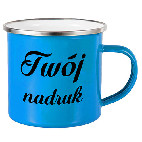 kubek emaliowany niebieski z nadrukiem