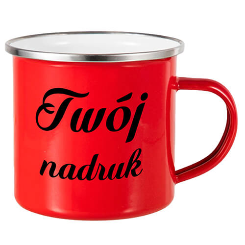 kubek emaliowany czerwony z nadrukiem