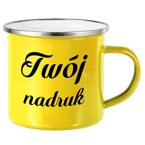 kubek emaliowany żółty z nadrukiem
