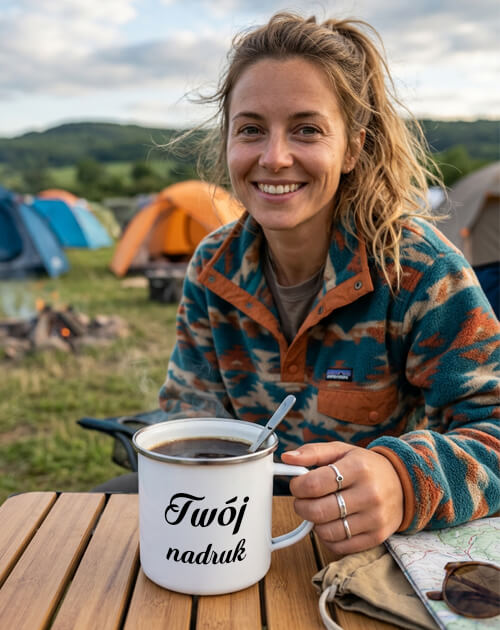 kubek emaliowany z nadrukiem na camping