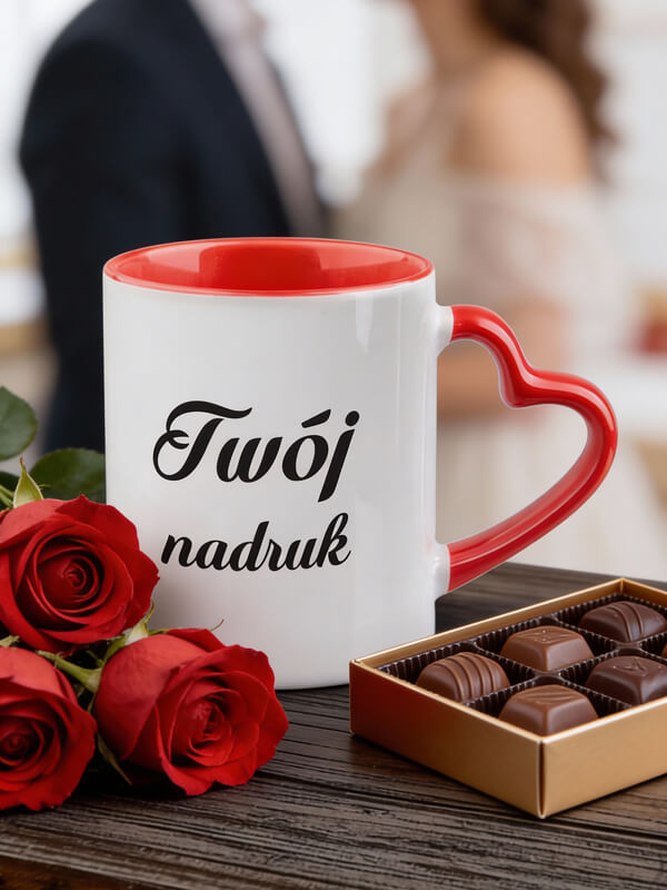 Kubek walentynkowy z czerwonym uszkiem w kształcie serca – klasyka romantycznej personalizacji
