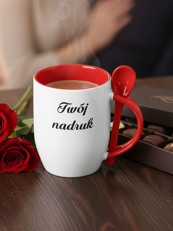 Walentynkowy kubek z łyżeczką i dowolnym nadrukiem
