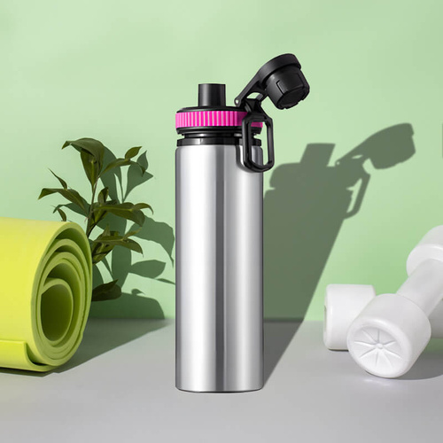 Srebrny bidon 850 ml - z rączką i zamykanym ustnikiem - z Twoim nadrukiem - różowa opaska