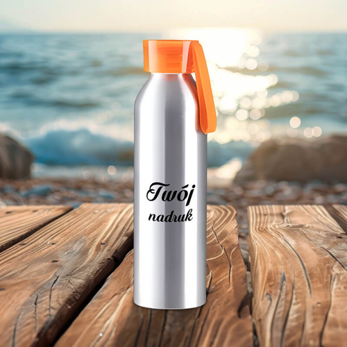 Srebrny bidon 650 ml z Twoim nadrukiem z pomarańczową nakrętką
