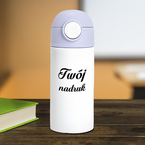 Bidon - butelka 360 ml dla dzieci z dowolnym nadrukiem - biała z fioletową zakrętką