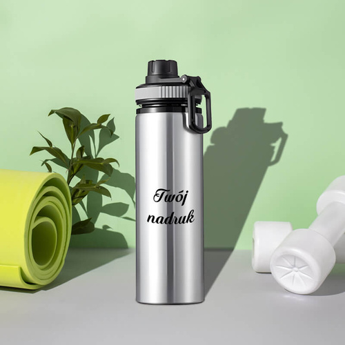 Srebrny bidon 850 ml - z rączką i zamykanym ustnikiem - z Twoim nadrukiem - szara opaska