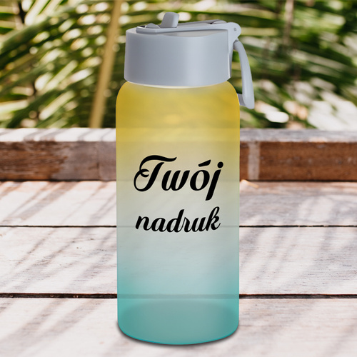 Szklana butelka 750 ml szroniona z plastikowym uchwytem z Twoim nadrukiem - Żółto - zielona