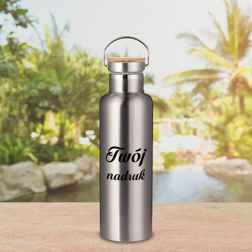 Srebrny metalowy termos z  rączką 750 ml z Twoim nadrukiem