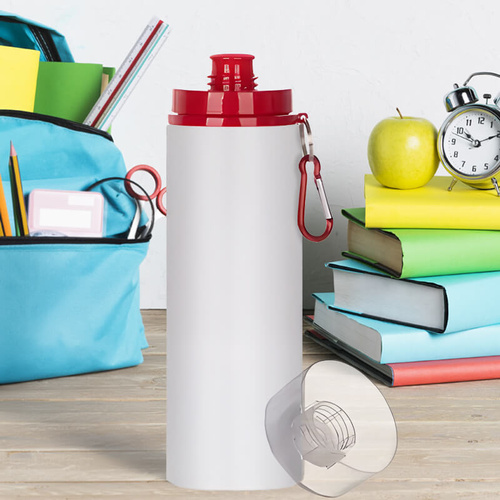 Biały bidon 850 ml z Twoim nadrukiem czerwony karabińczyk