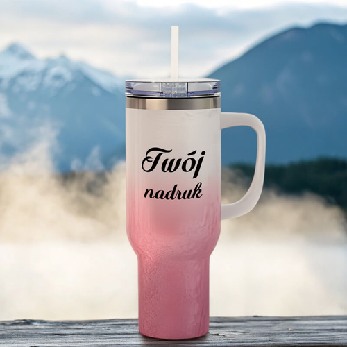 Kubek podróżny 1200 ml z Twoim nadrukiem - różowo-biały gradient