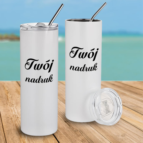 Prosty, biały kubek 600 ml z podwójnymi ściankami i słomką z Twoim nadrukiem