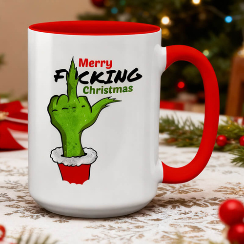 Śmieszny, świateczny kubek XXL - Merry Fucking Christmas z czerwonym wnętrzem i uszkiem