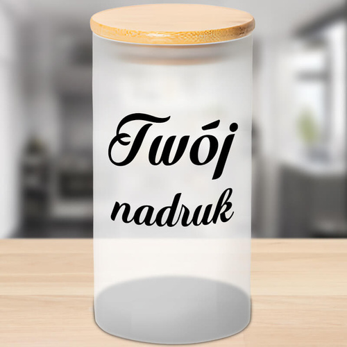 Pojemnik szklany 750 ml z drewnianą bambusową przykrywką z Twoim nadrukiem