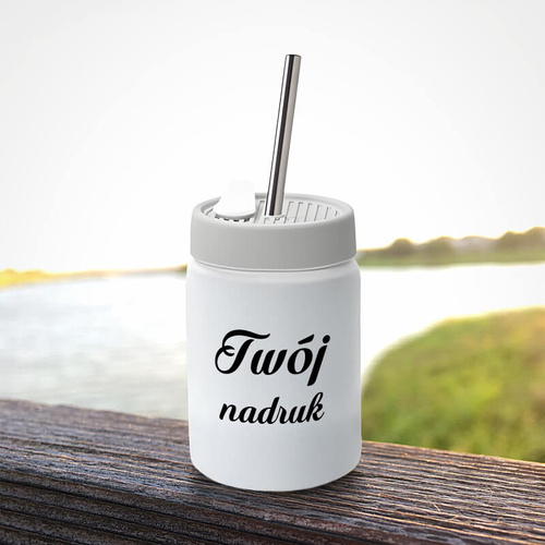 Kubek ze słomką 480 ml z Twoim nadrukiem - szara silikonowa pokrywka 