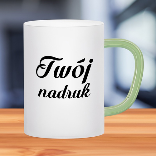 Kubek z mrożonego szkła z jasnozielonym uszkiem z Twoim nadrukiem