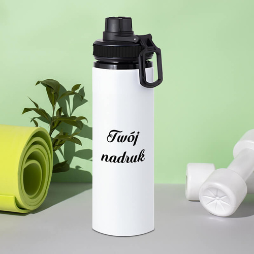 Biały bidon 850 ml - z rączką i zamykanym ustnikiem - z Twoim nadrukiem - czarna opaska