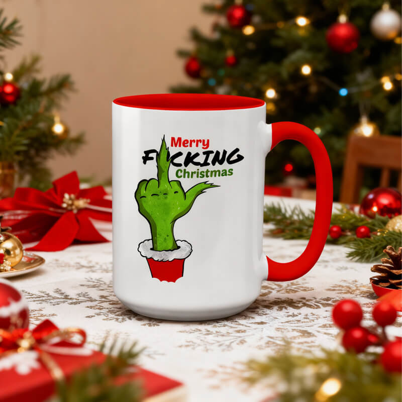 Śmieszny, świateczny kubek XXL - Merry Fucking Christmas z czerwonym wnętrzem i uszkiem