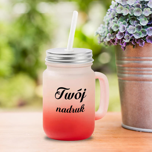 Kubek Mason Jar z uszkiem z mrożonego szkła z czerwonym dnem z Twoim nadrukiem