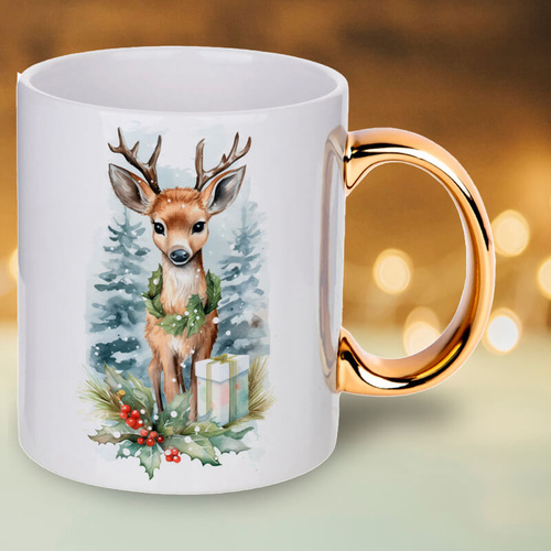 Świąteczny kubek z nadrukiem - Jelonek, złote uszko