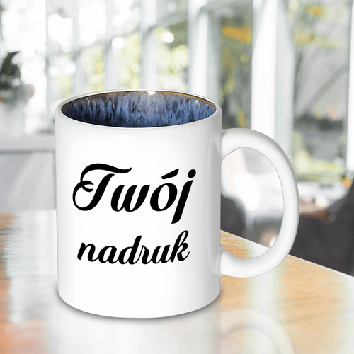 Biały kubek ciemnoniebieskie wnętrze 330 ml z Twoim nadrukiem