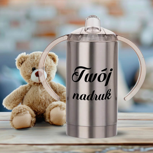 Srebrny kubek niekapek dla dzieci z dowolnym nadrukiem