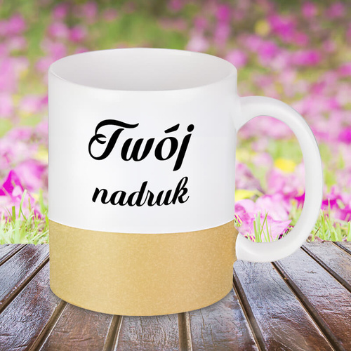 Biały kubek GLITTER z Twoim nadrukiem złoty pasek