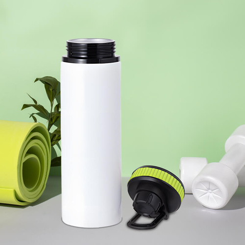 Biały bidon 850 ml - z rączką i zamykanym ustnikiem - z Twoim nadrukiem - zielona opaska