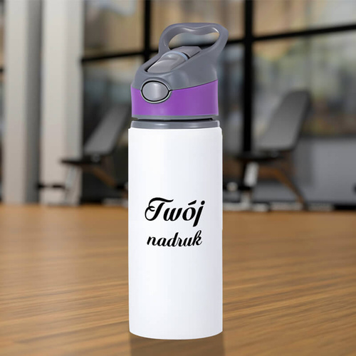 Biały bidon 650 ml z Twoim nadrukiem fioletowa wstawka
