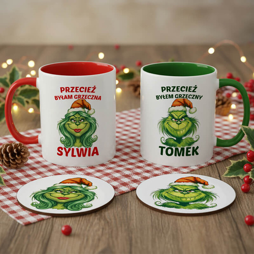 Zestaw personalizowanych świątecznych kubków z podkładkami - Przecież byliśmy grzeczni