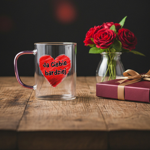 Kubek szklany do kawy - prezent na Walentynki - Ja Ciebie bardziej