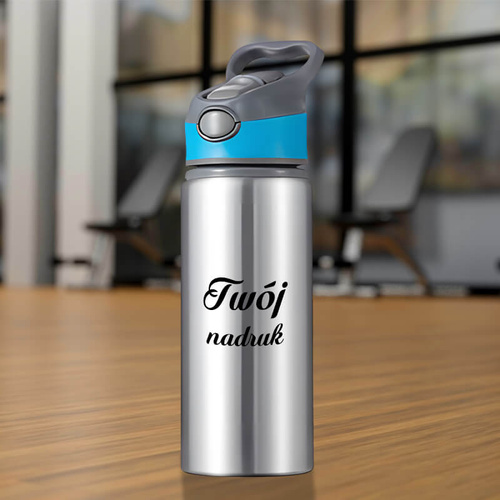Srebrny bidon 650 ml z Twoim nadrukiem niebieska wstawka