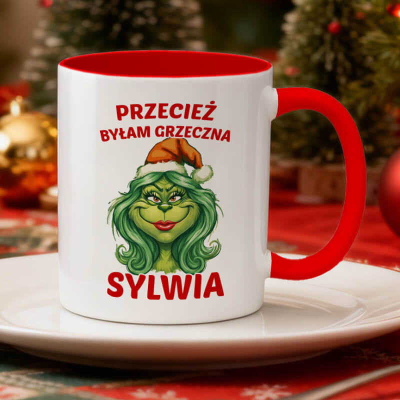 Śmieszny, świateczny kubek z imieniem dla kobiety - Przecież byłam grzeczna