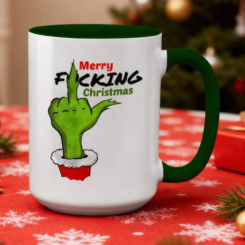 Śmieszny, świateczny kubek XXL - Merry Fucking Christmas z zielonym wnętrzem i uszkiem