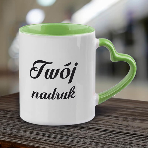 Kubek z zielonym wnętrzem i uszkiem w kształcie serca z Twoim nadrukiem