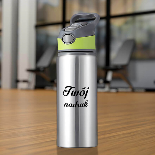 Srebrny bidon 650 ml z Twoim nadrukiem zielona wstawka