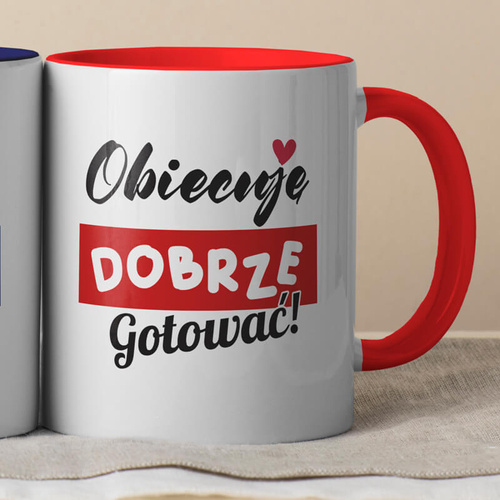 Kubek z czerwonym wnętrzem i uszkiem - Obiecuję dobrze gotować