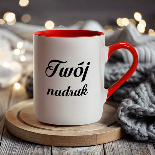 Biały kubek z Twoim nadrukiem czerwone wnętrze i ucho