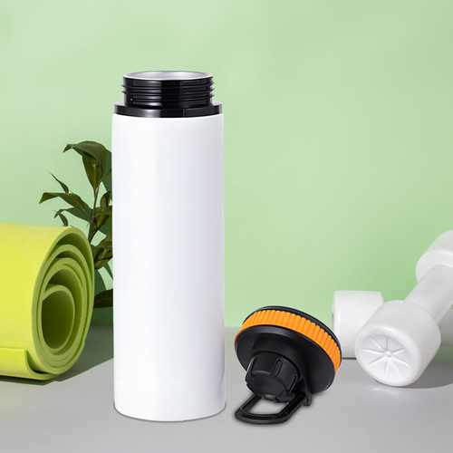Biały bidon 850 ml - z rączką i zamykanym ustnikiem - z Twoim nadrukiem - żółta opaska
