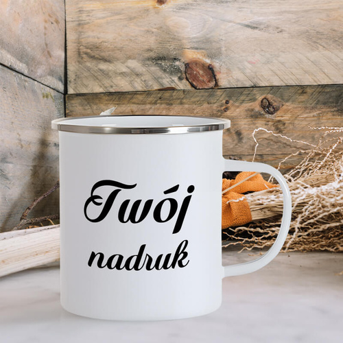Duży biały kubek 500 ml metalowy, emaliowany z Twoim nadrukiem